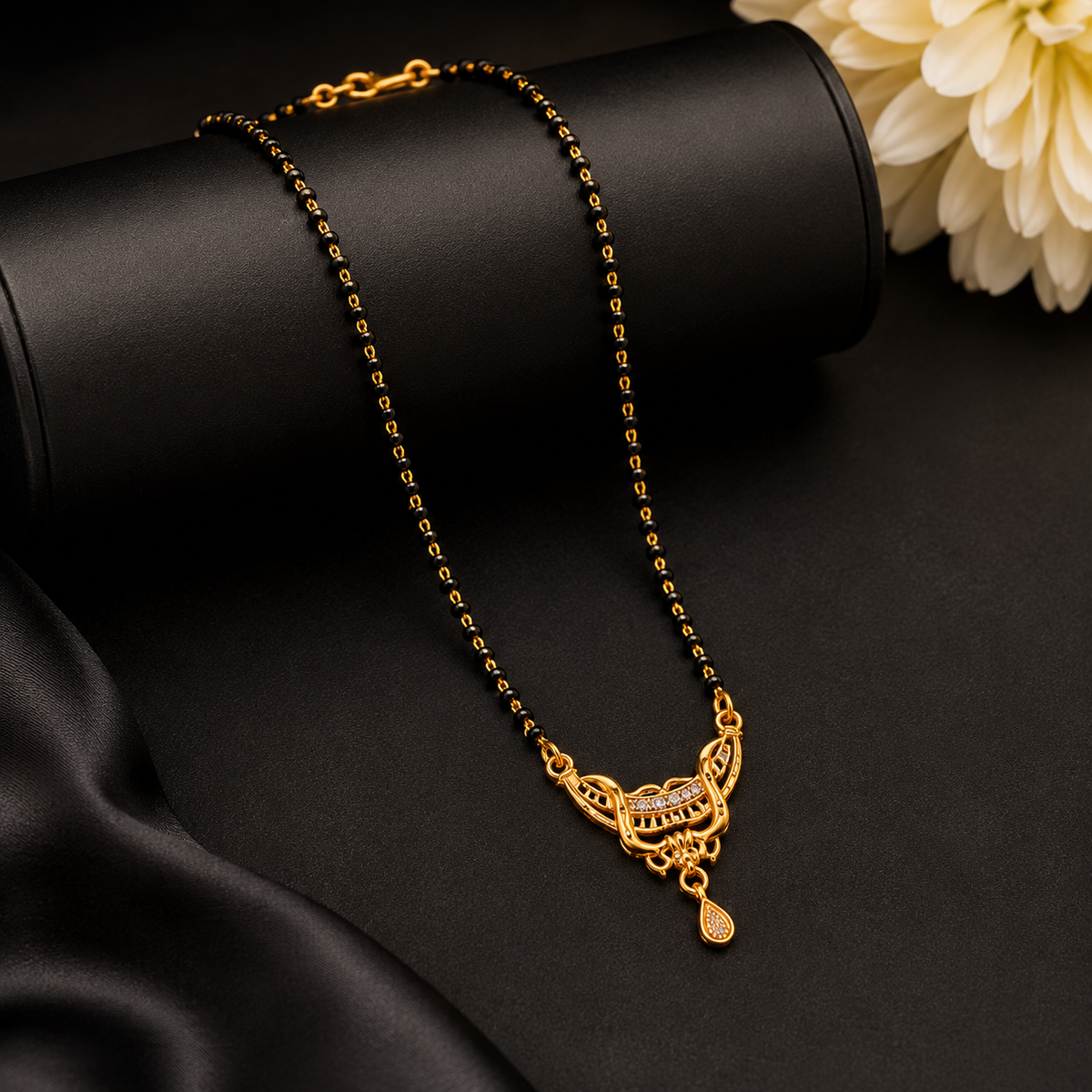 Women's Traditional Black Bead Mangalsutra with CZ Stone Pendant
