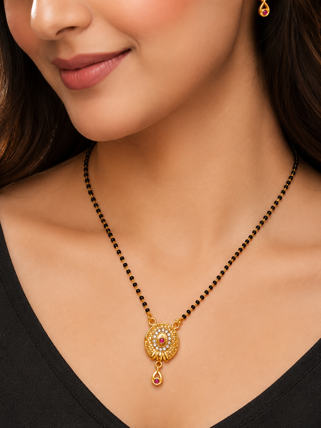 ELURA Antique Style Black Bead Mangalsutra with CZ & Ruby Pendant