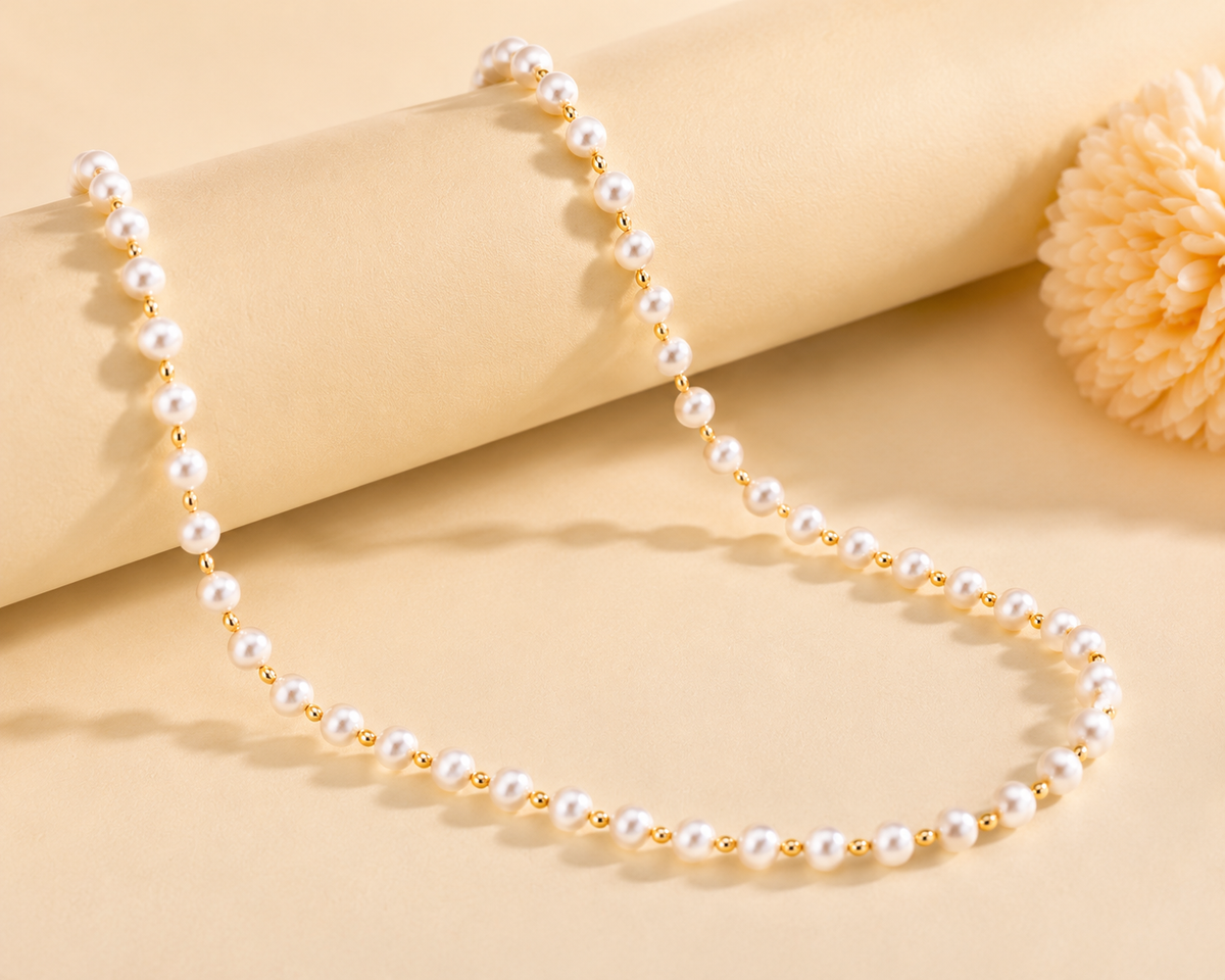 ELURA Elegant White Pearl & Gold Bead Chain for Women