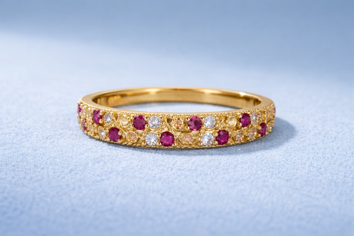 ELURA Stylish Band Ring with Alternating Pink & White CZ Stones