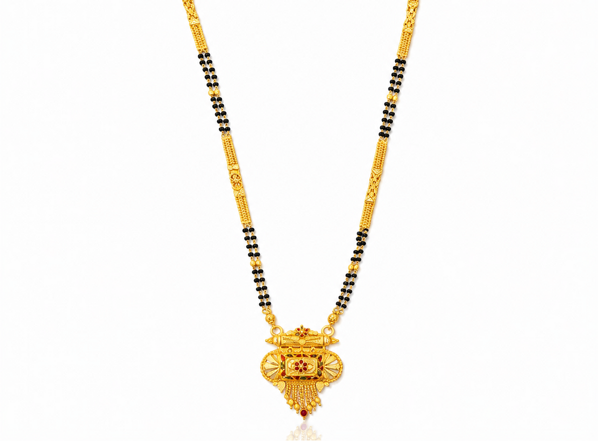 ELURA Traditional Multi-Strand Black Bead Mangalsutra with Antique Barrel Pendant