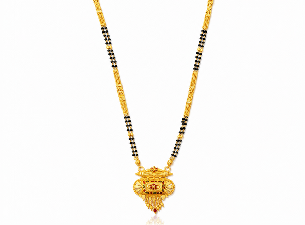 ELURA Traditional Multi-Strand Black Bead Mangalsutra with Antique Barrel Pendant