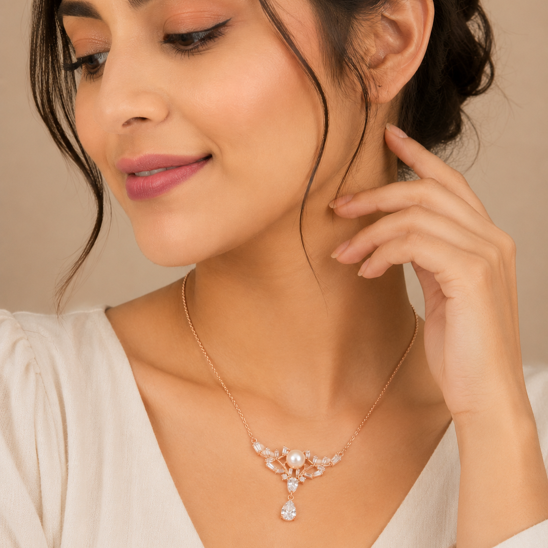 Elegant Pearl Crown Pendant Necklace in Rose Gold