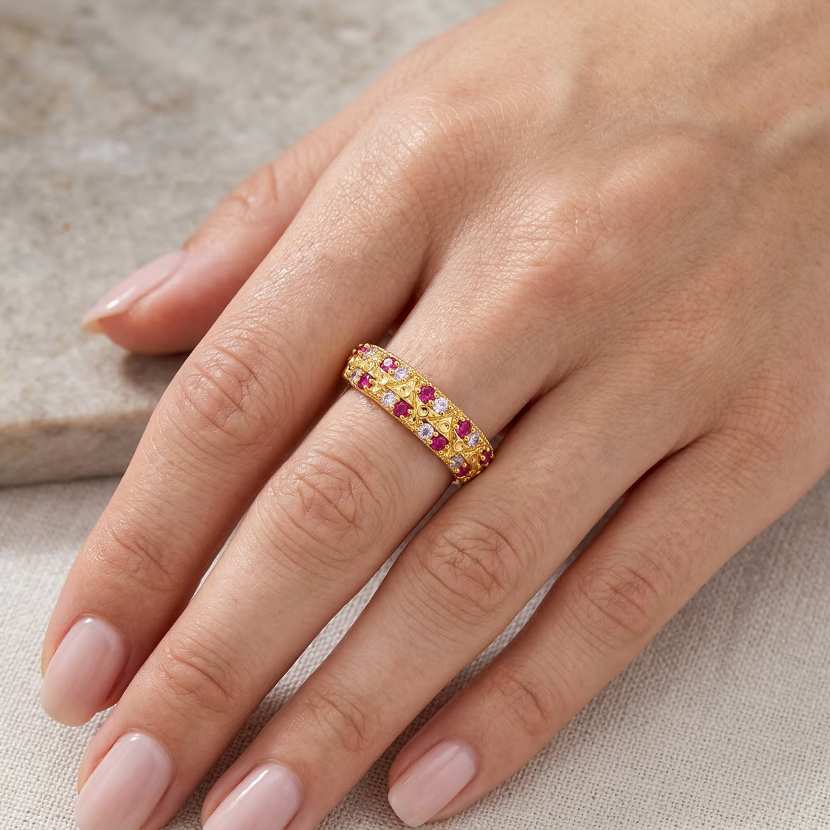 ELURA Stylish Band Ring with Alternating Pink & White CZ Stones