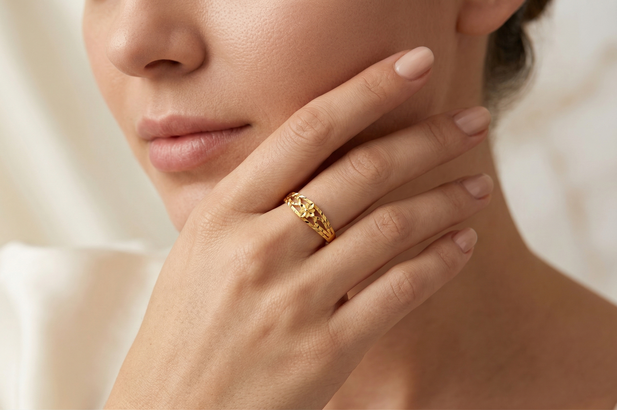 Elura Floral Cutwork Textured Gold Ring