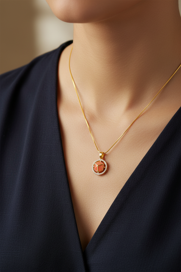 Elura Red Stone Cube Pendant Necklace