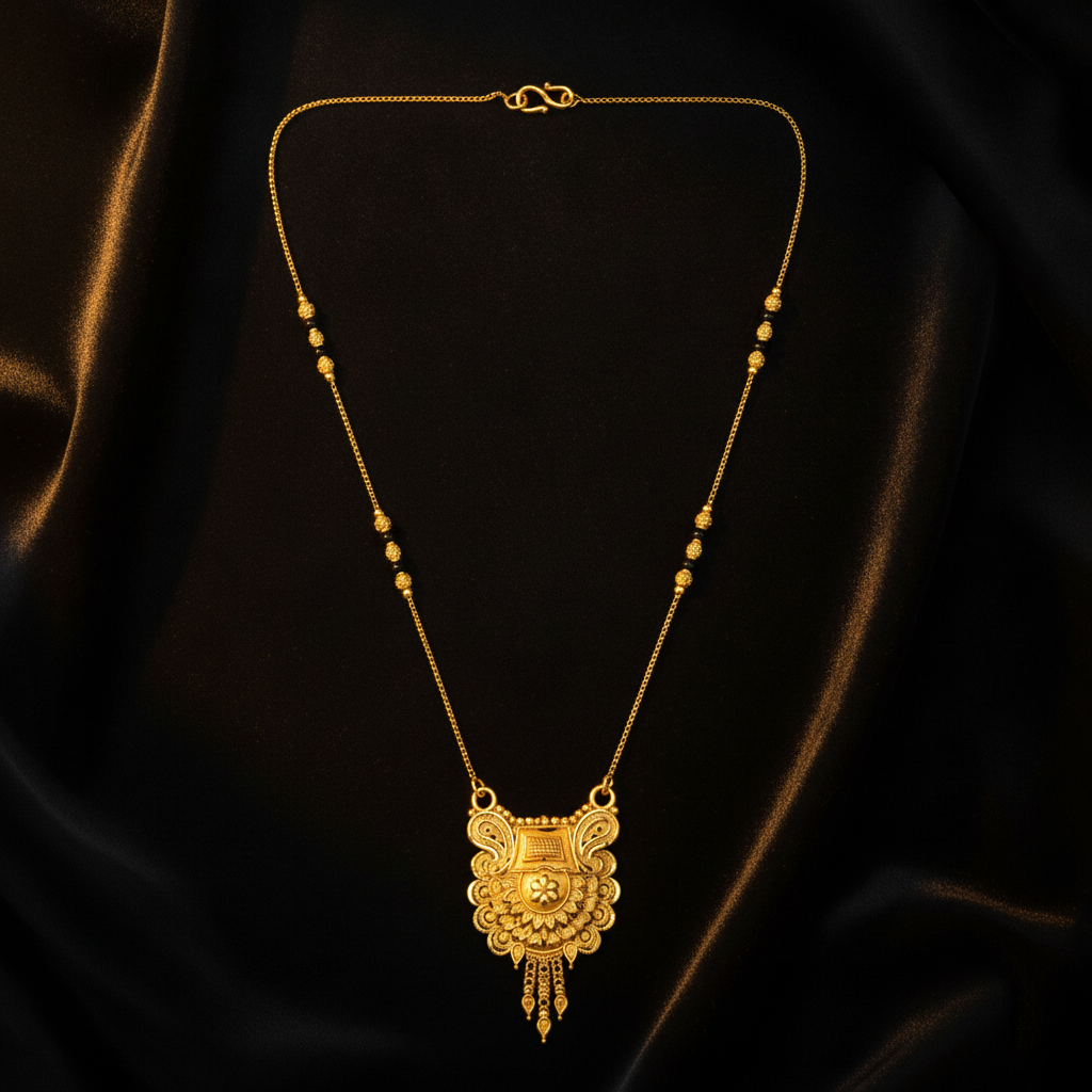 ELURA Antique Floral Pendant Mangalsutra with Black Beads