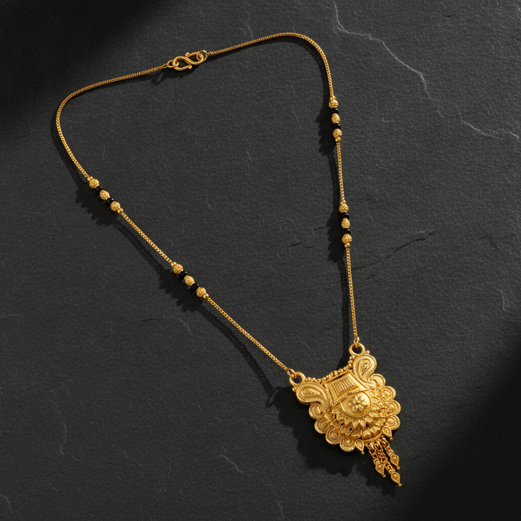ELURA Antique Floral Pendant Mangalsutra with Black Beads