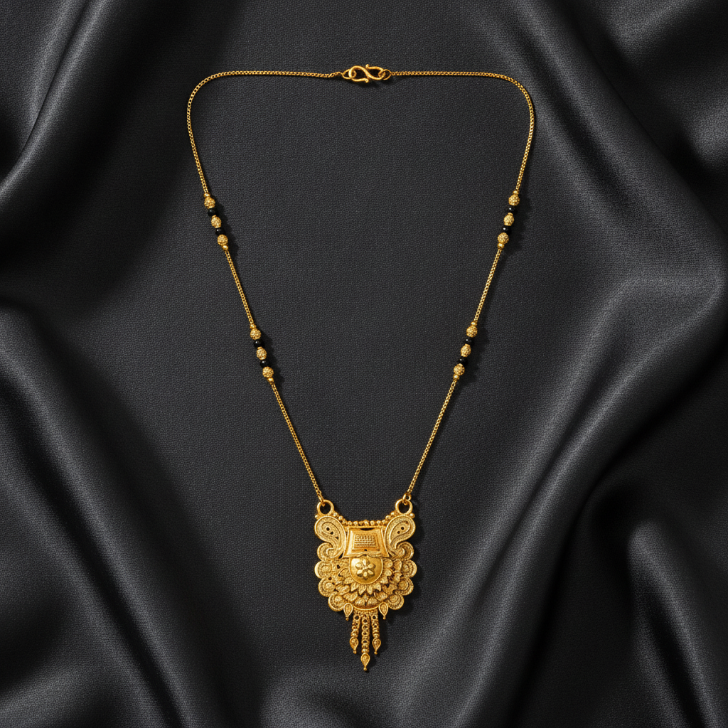 ELURA Antique Floral Pendant Mangalsutra with Black Beads