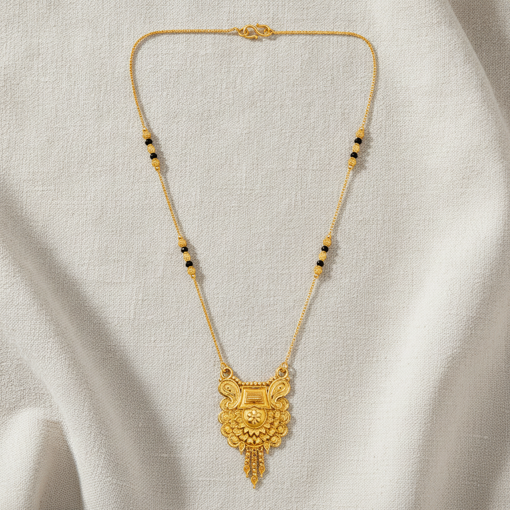 ELURA Antique Floral Pendant Mangalsutra with Black Beads