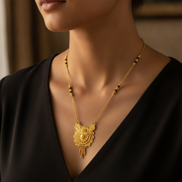 ELURA Antique Floral Pendant Mangalsutra with Black Beads