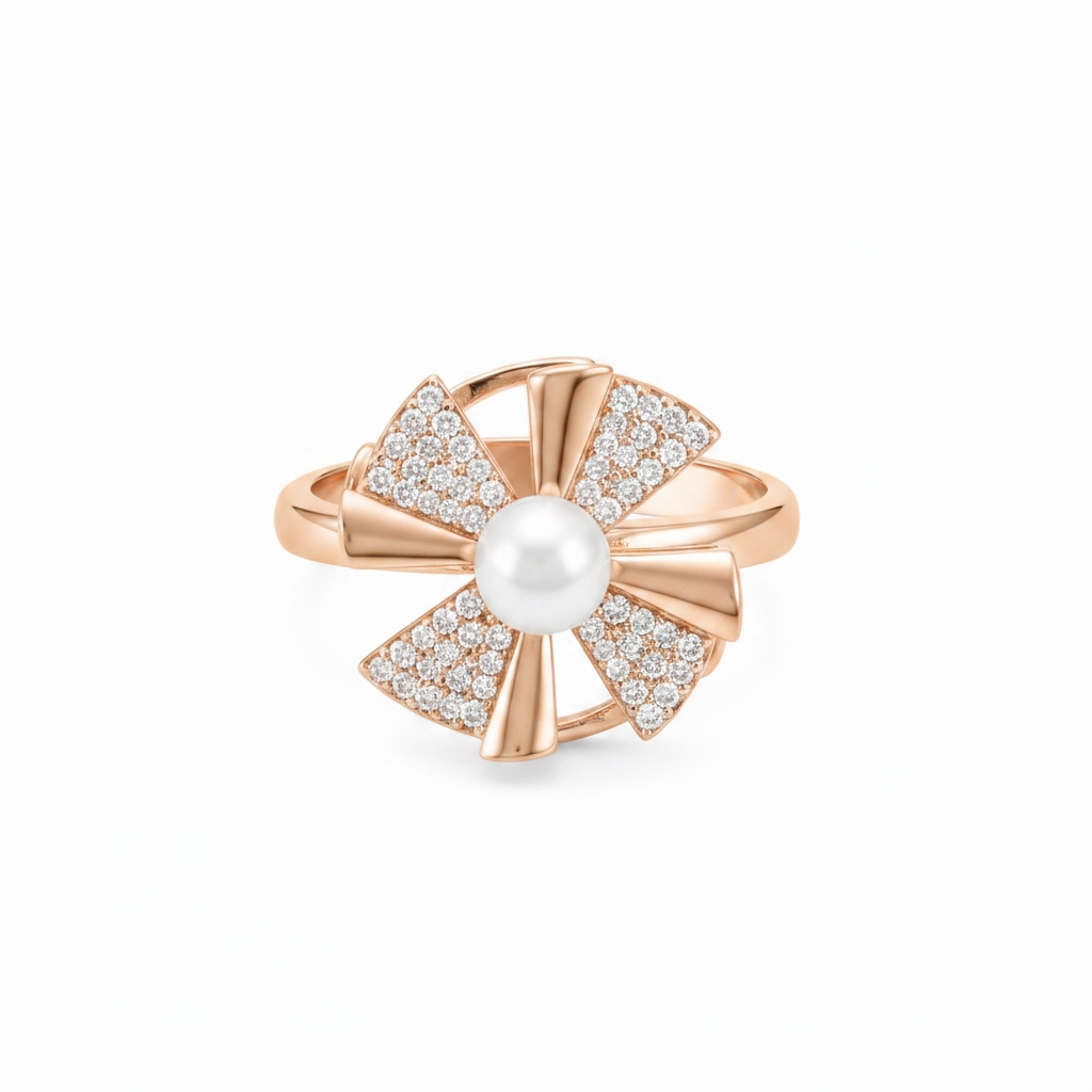 ELURA Rose Gold 360° Rotating Flower Ring with Pearl & CZ Stones