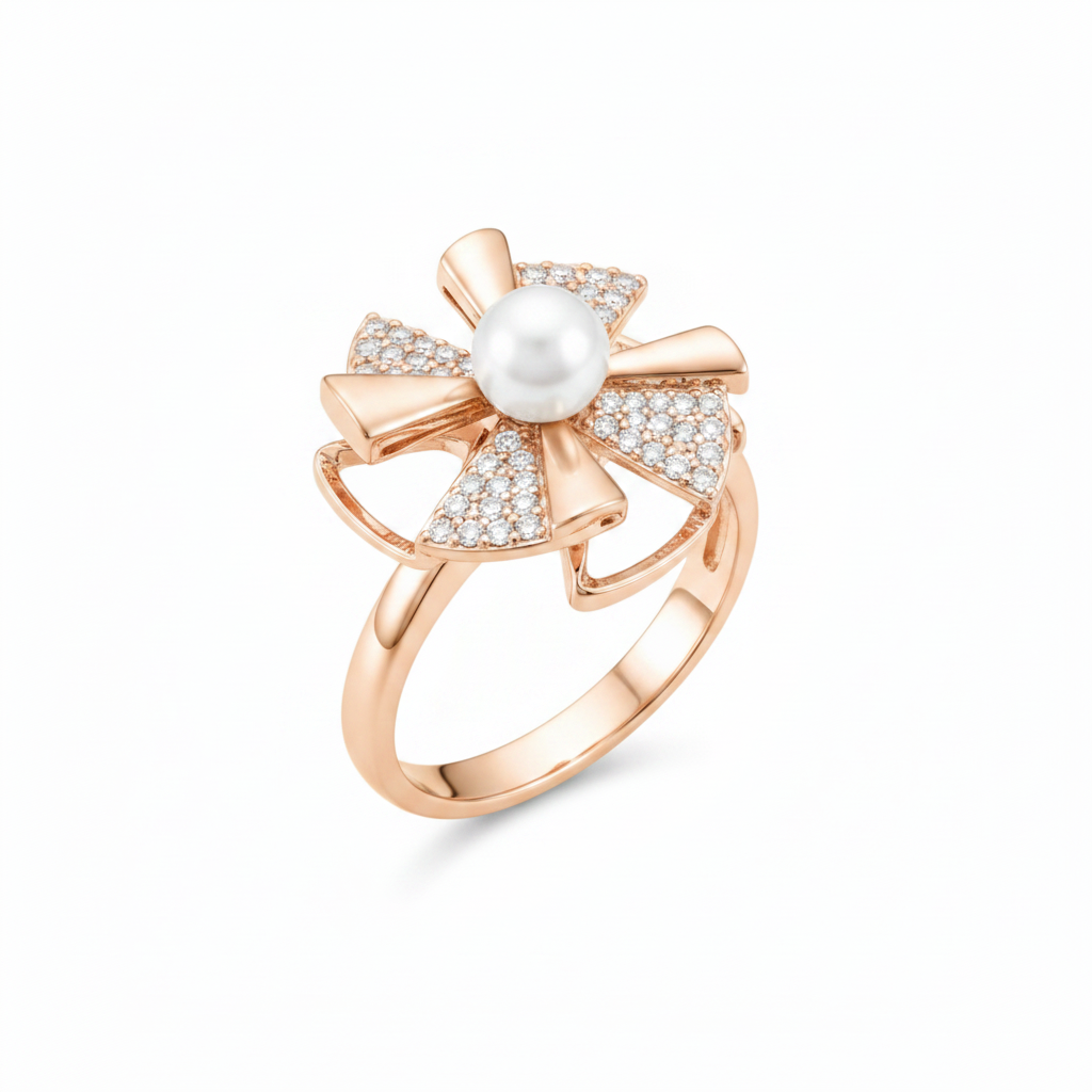 ELURA Rose Gold 360° Rotating Flower Ring with Pearl & CZ Stones