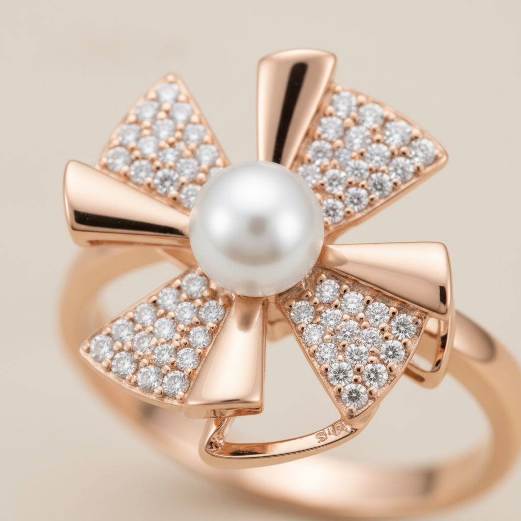 ELURA Rose Gold 360° Rotating Flower Ring with Pearl & CZ Stones