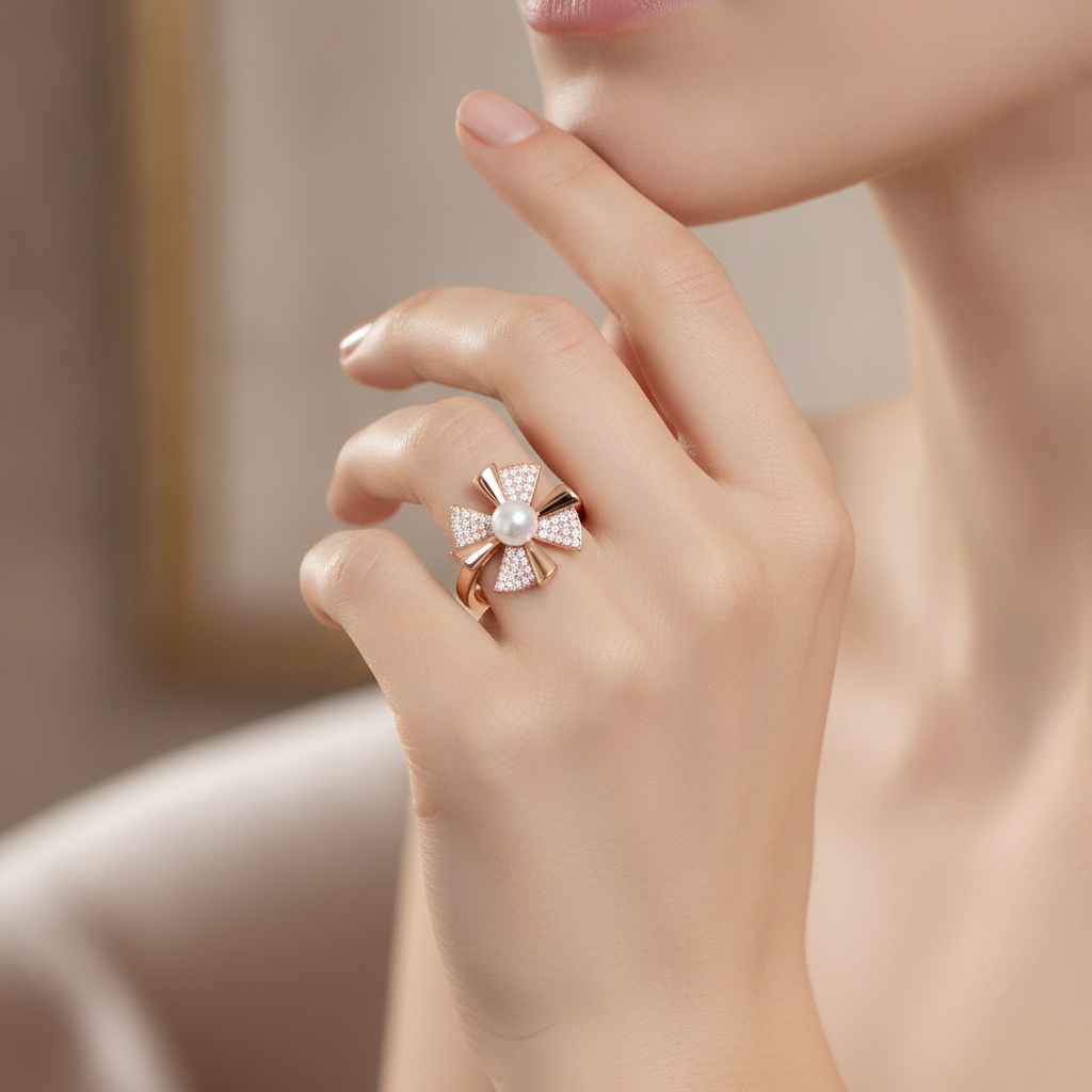 ELURA Rose Gold 360° Rotating Flower Ring with Pearl & CZ Stones