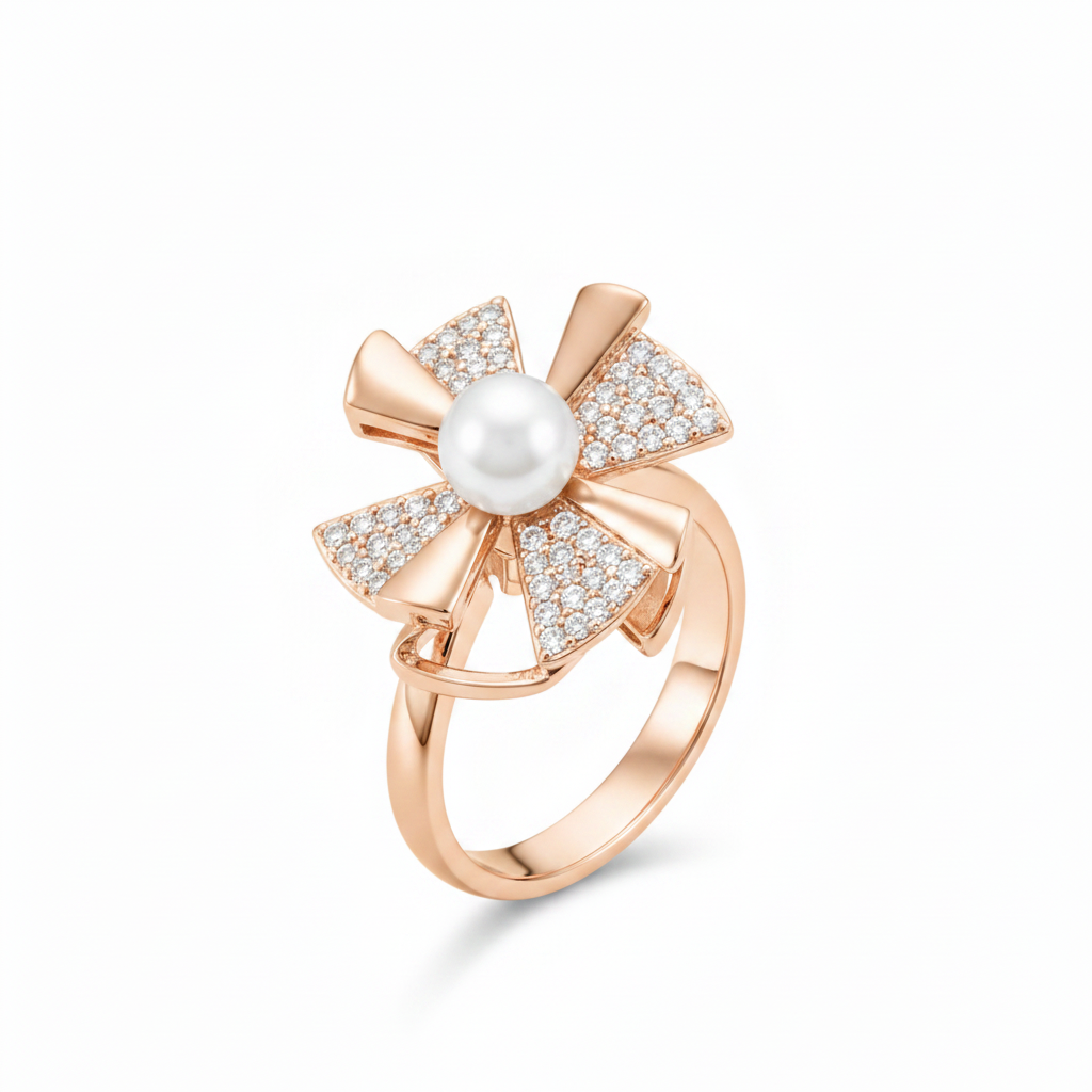 ELURA Rose Gold 360° Rotating Flower Ring with Pearl & CZ Stones