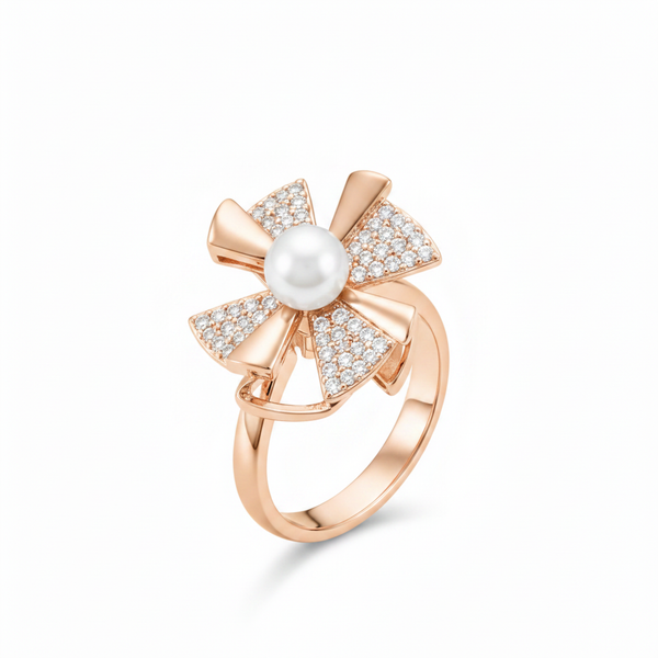 ELURA Rose Gold 360° Rotating Flower Ring with Pearl & CZ Stones