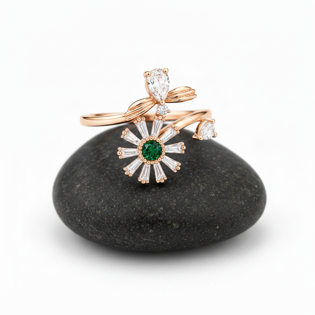 ELURA Luxury 360° Rotating Daisy Ring with Emerald Green Stone