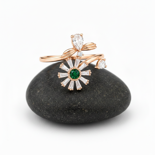 ELURA Luxury 360° Rotating Daisy Ring with Emerald Green Stone