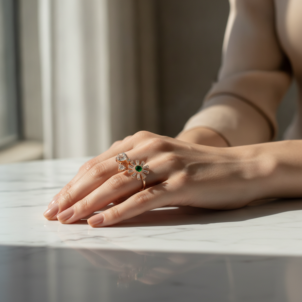 ELURA Luxury 360° Rotating Daisy Ring with Emerald Green Stone