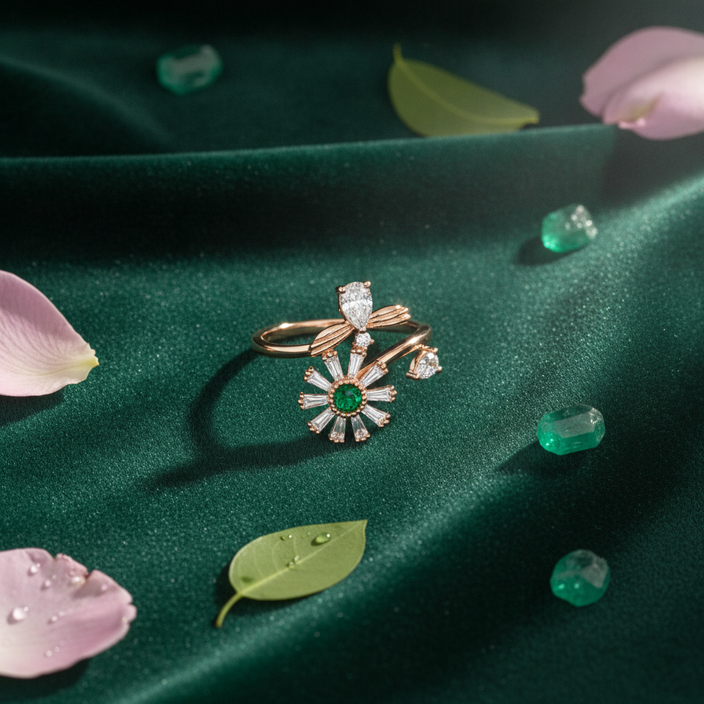 ELURA Luxury 360° Rotating Daisy Ring with Emerald Green Stone