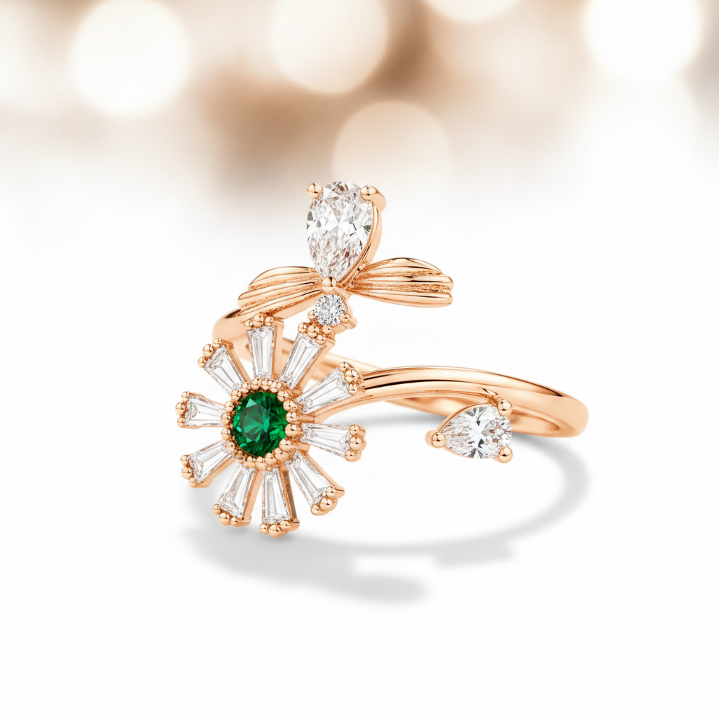 ELURA Luxury 360° Rotating Daisy Ring with Emerald Green Stone