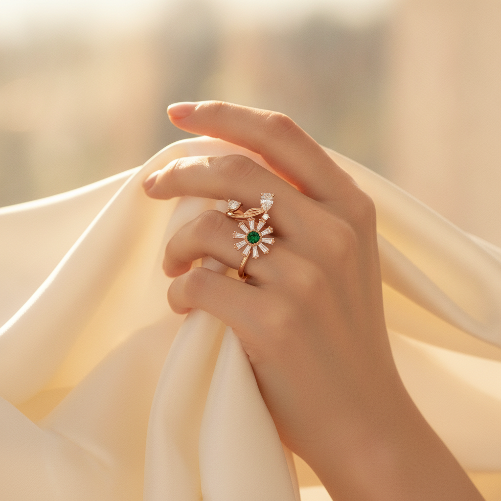 ELURA Luxury 360° Rotating Daisy Ring with Emerald Green Stone