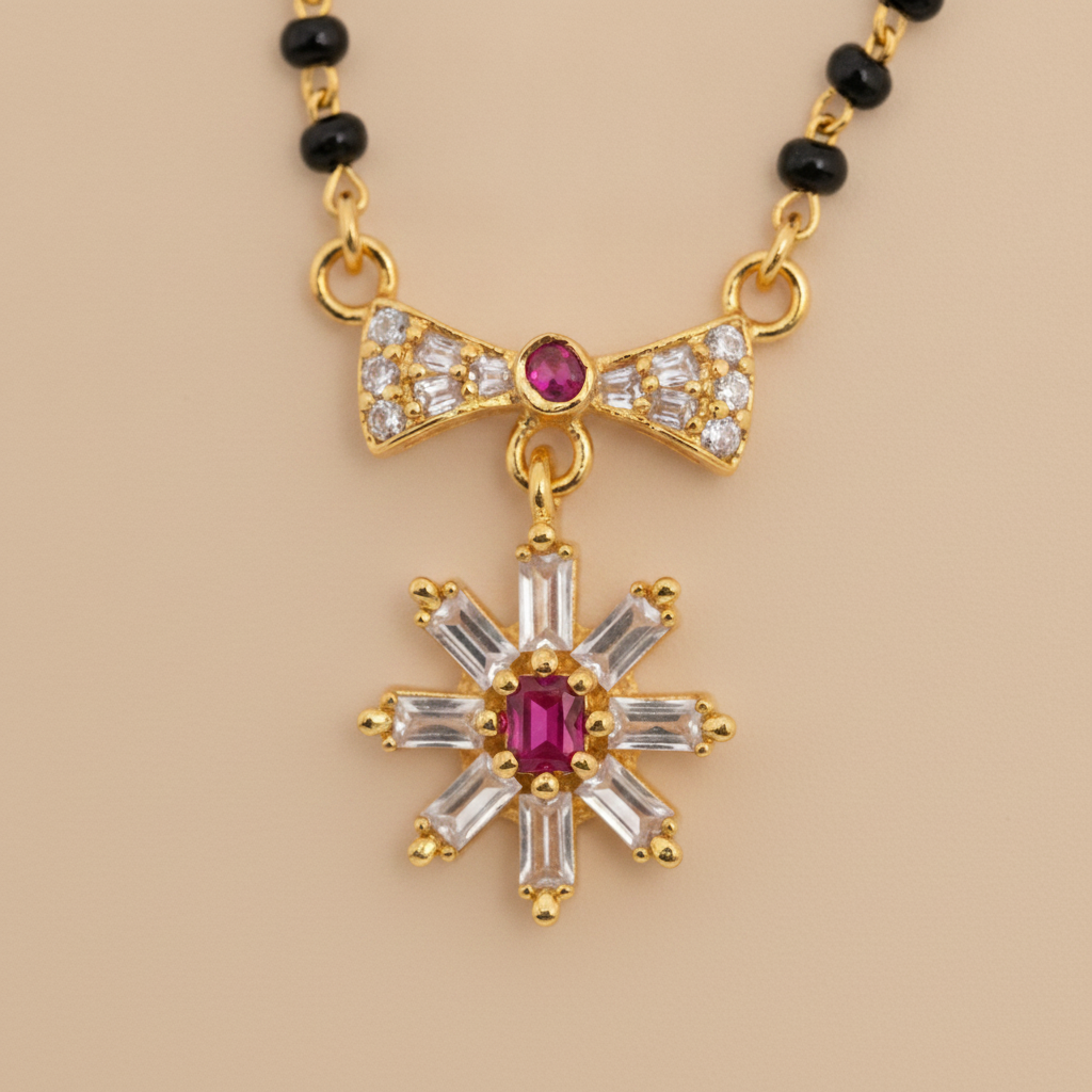 Traditional Mangalsutra with Red Stone & Sparkling CZ Flower Design