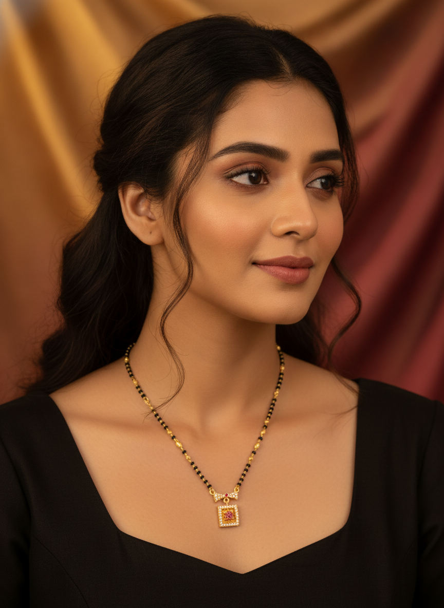 Elegant Black Bead Mangalsutra with Sparkling CZ Bow and Ruby Pendant