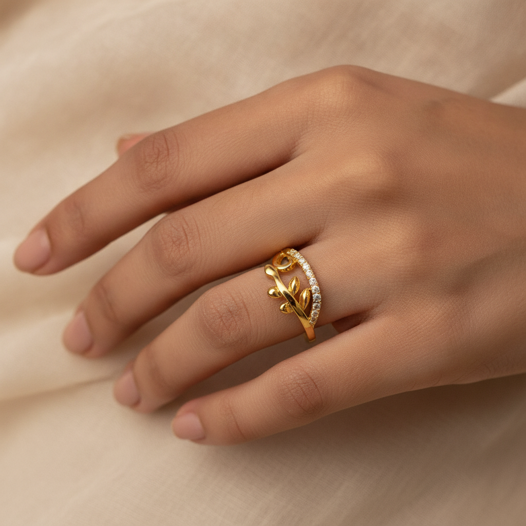 ELURA Nature Inspired Leaf Open Ring with Cubic Zirconia