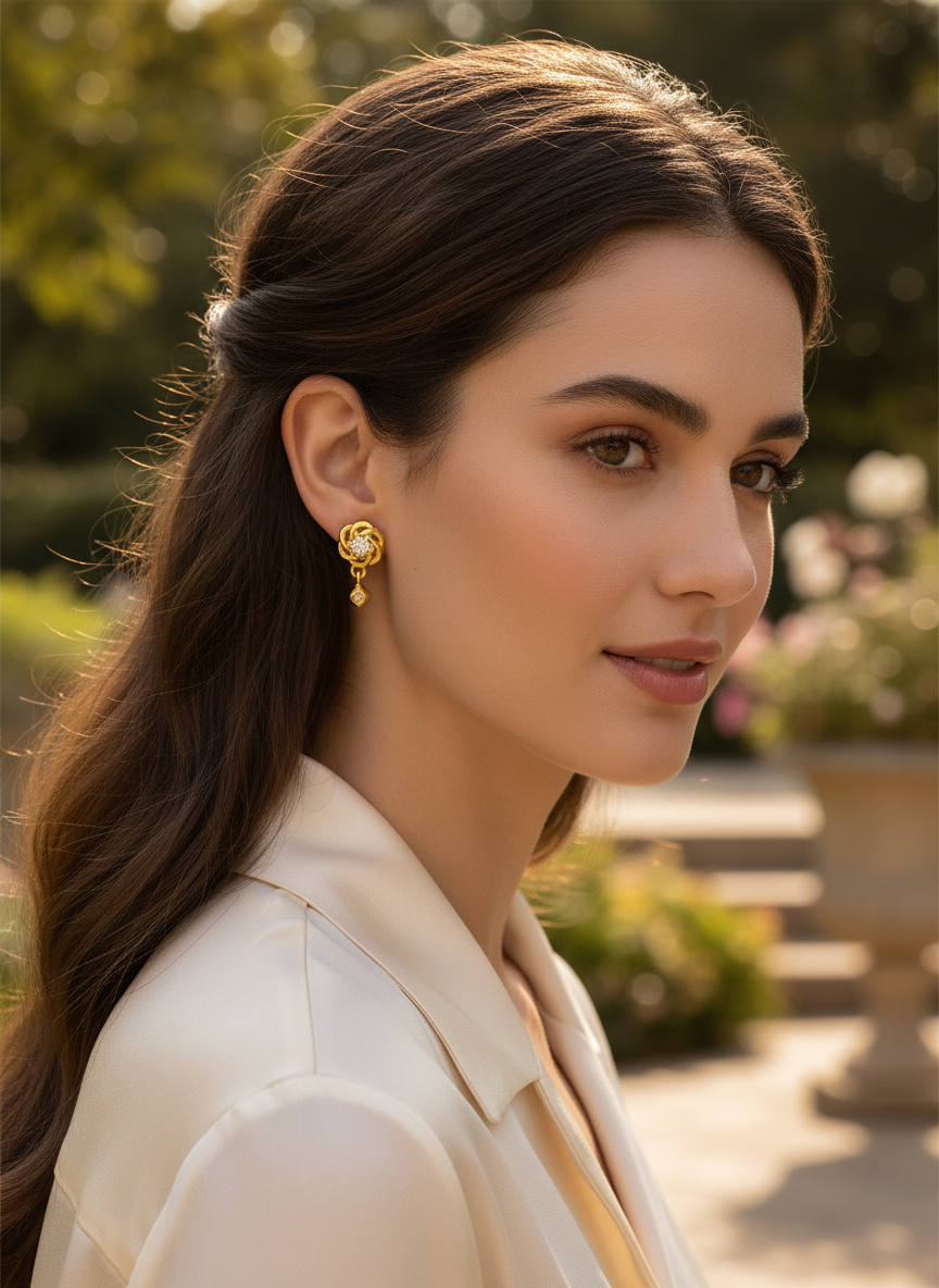 Elura Floral Crystal Drop Gold-Toned Stud Earrings for Women