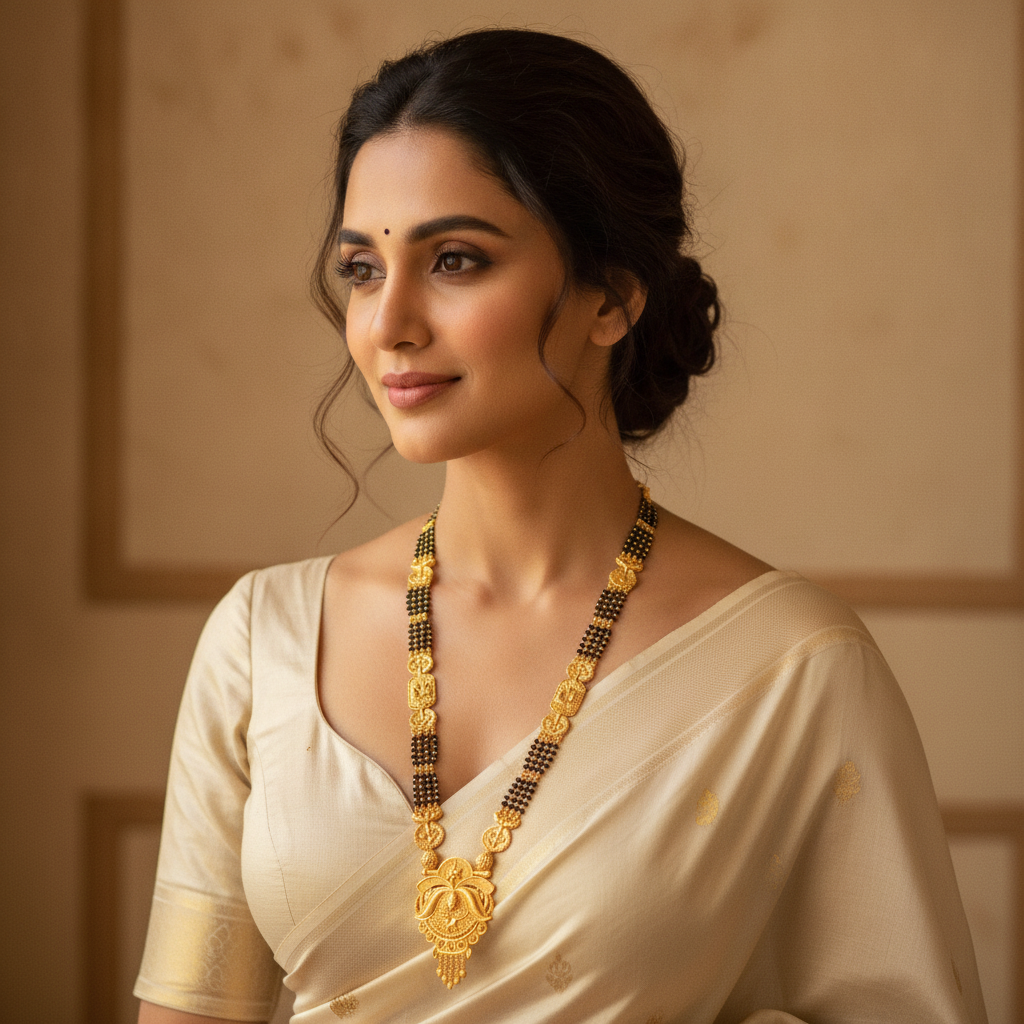 Traditional Black Bead Mangalsutra with Floral Temple Pendant
