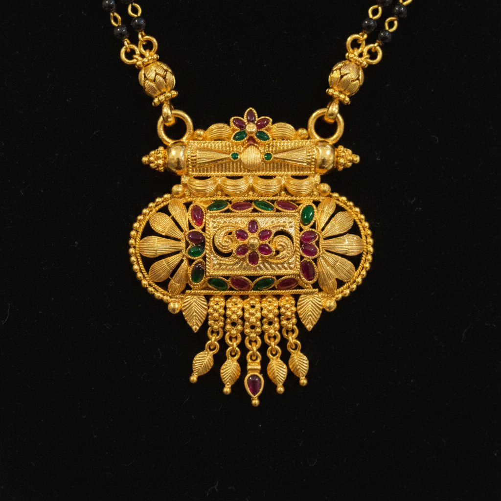 ELURA Traditional Multi-Strand Black Bead Mangalsutra with Antique Barrel Pendant