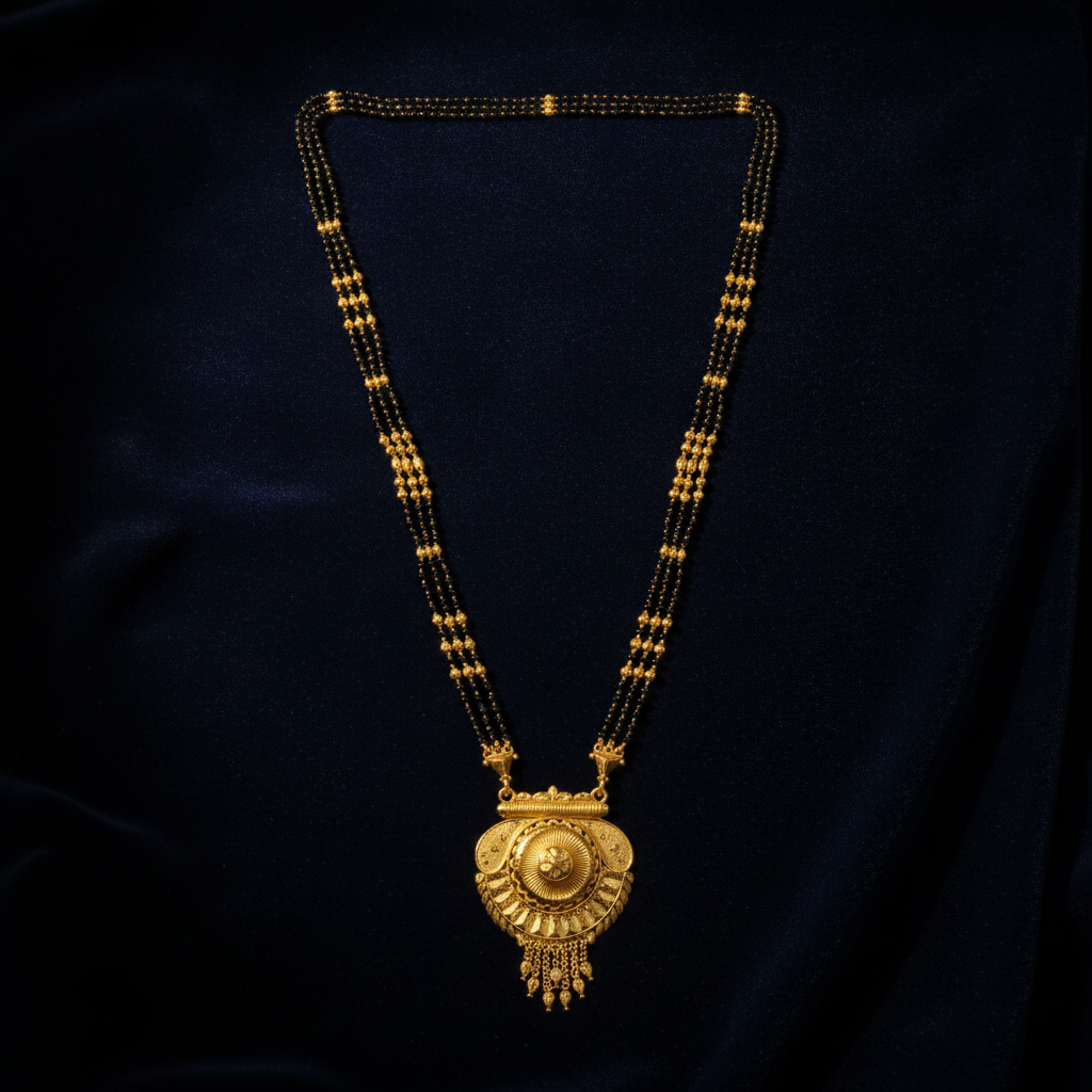 Bridal Traditional Mangalsutra with Black Beads and Round Heritage Pendant