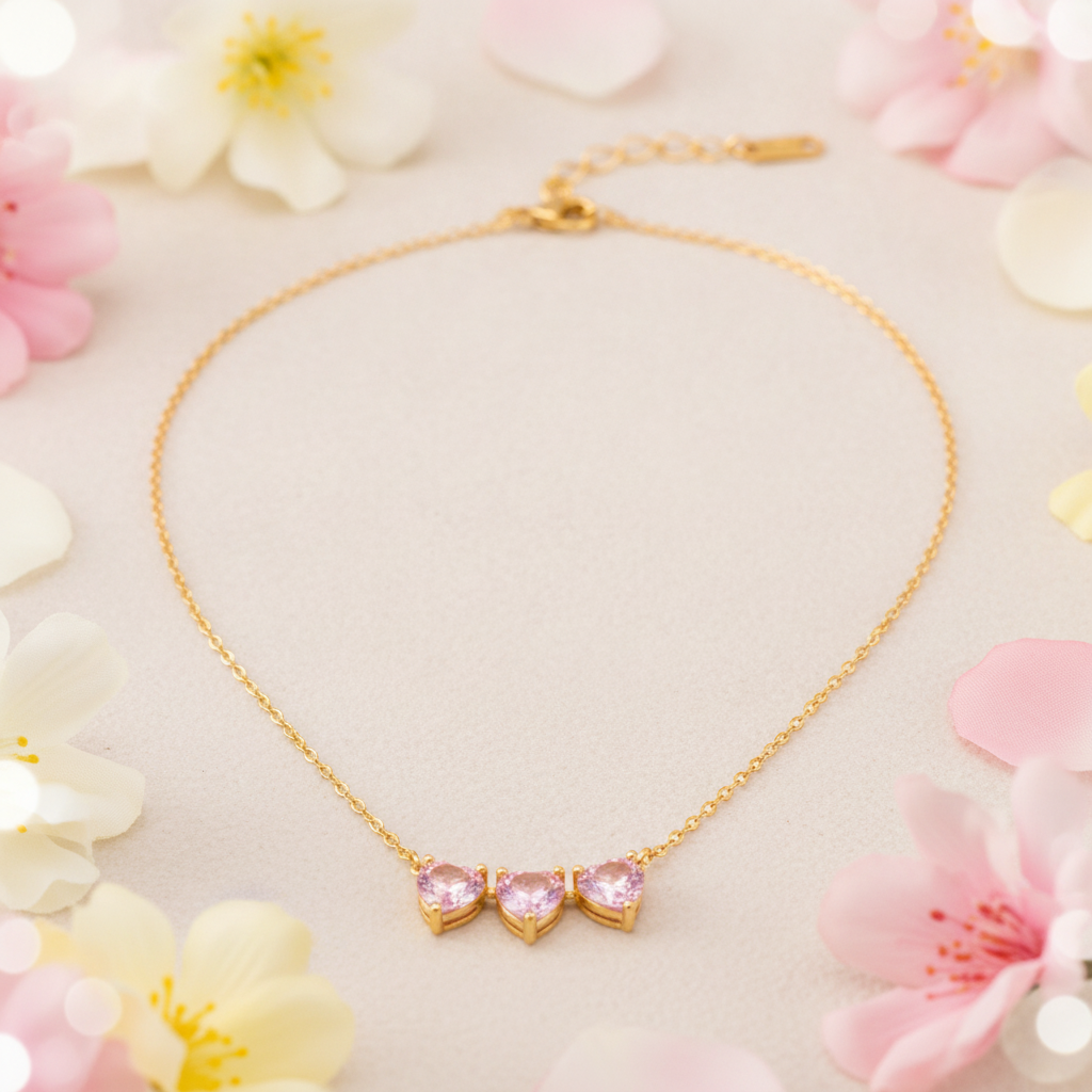 ELURA Triple Pink Heart Crystal Necklace for Women & Girls