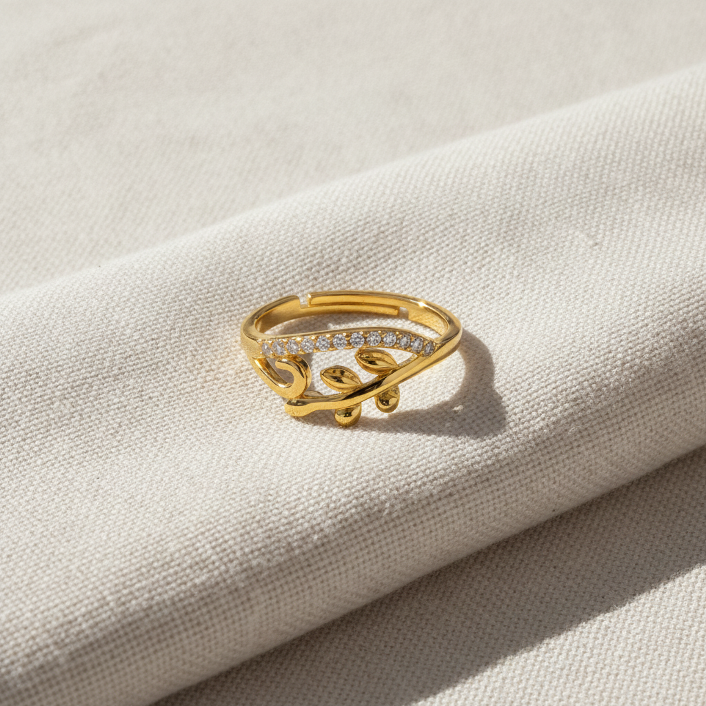 ELURA Nature Inspired Leaf Open Ring with Cubic Zirconia