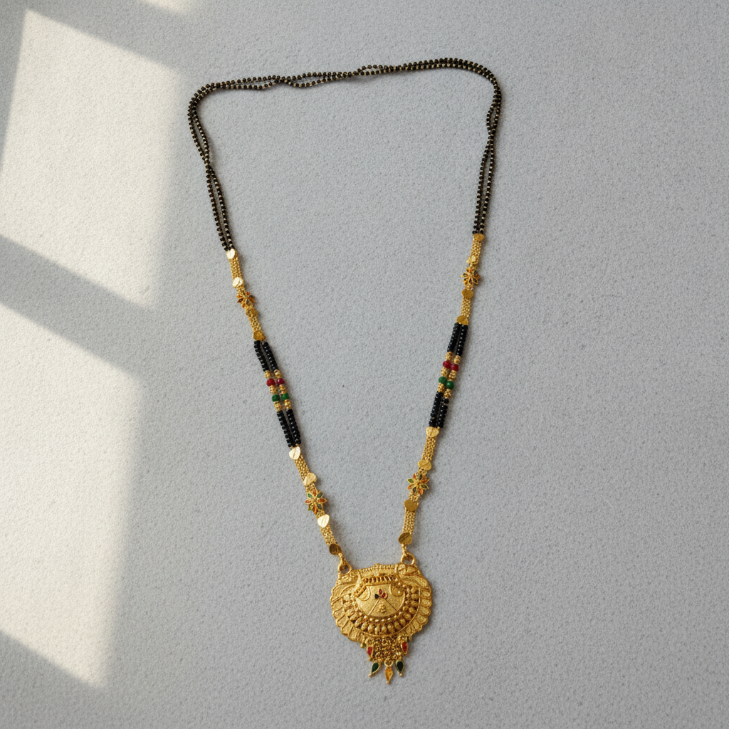 ELURA Royal Heritage Black Bead Mangalsutra with Antique Peacock Pendant