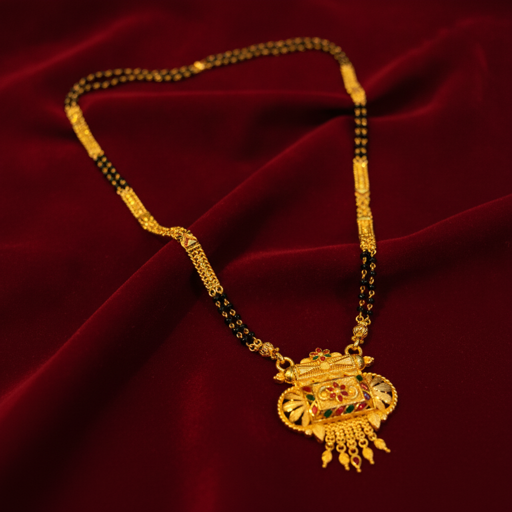 ELURA Traditional Multi-Strand Black Bead Mangalsutra with Antique Barrel Pendant