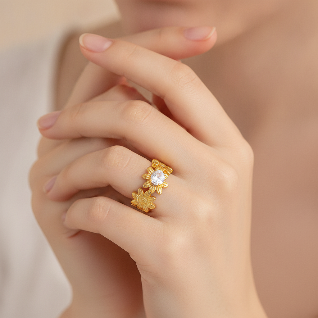 Designer Adjustable Flower Ring with CZ Stone