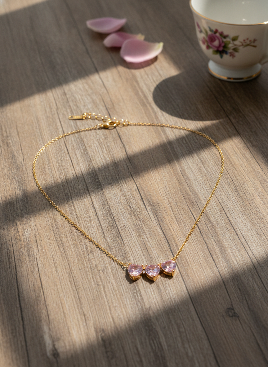 ELURA Triple Pink Heart Crystal Necklace for Women & Girls