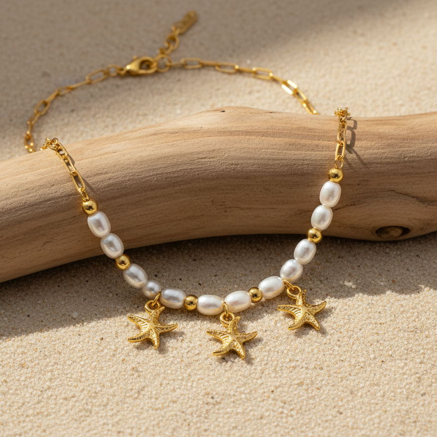 Dainty Starfish Pearl Beaded Necklace for Women & Girls