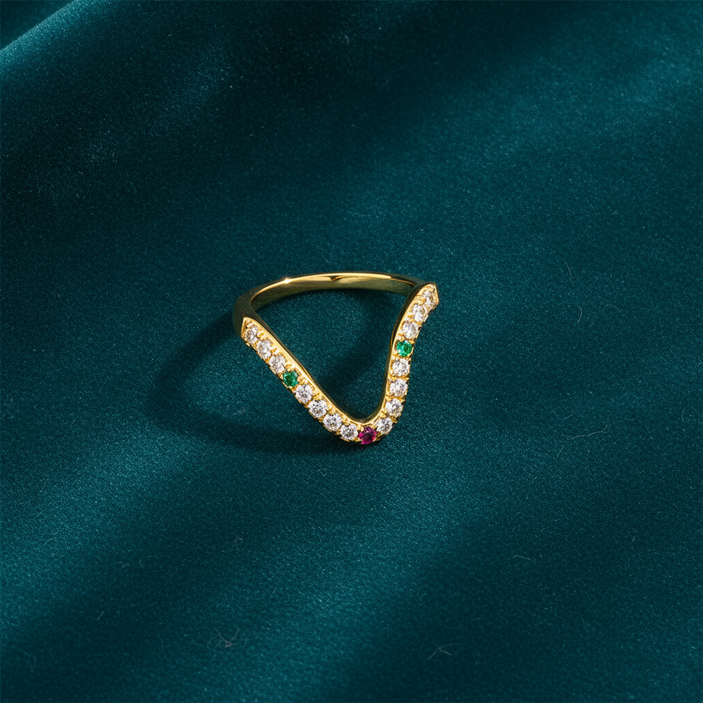 Elegant Curved Wave Ring with Multicolor Cubic Zirconia for Women & Girls