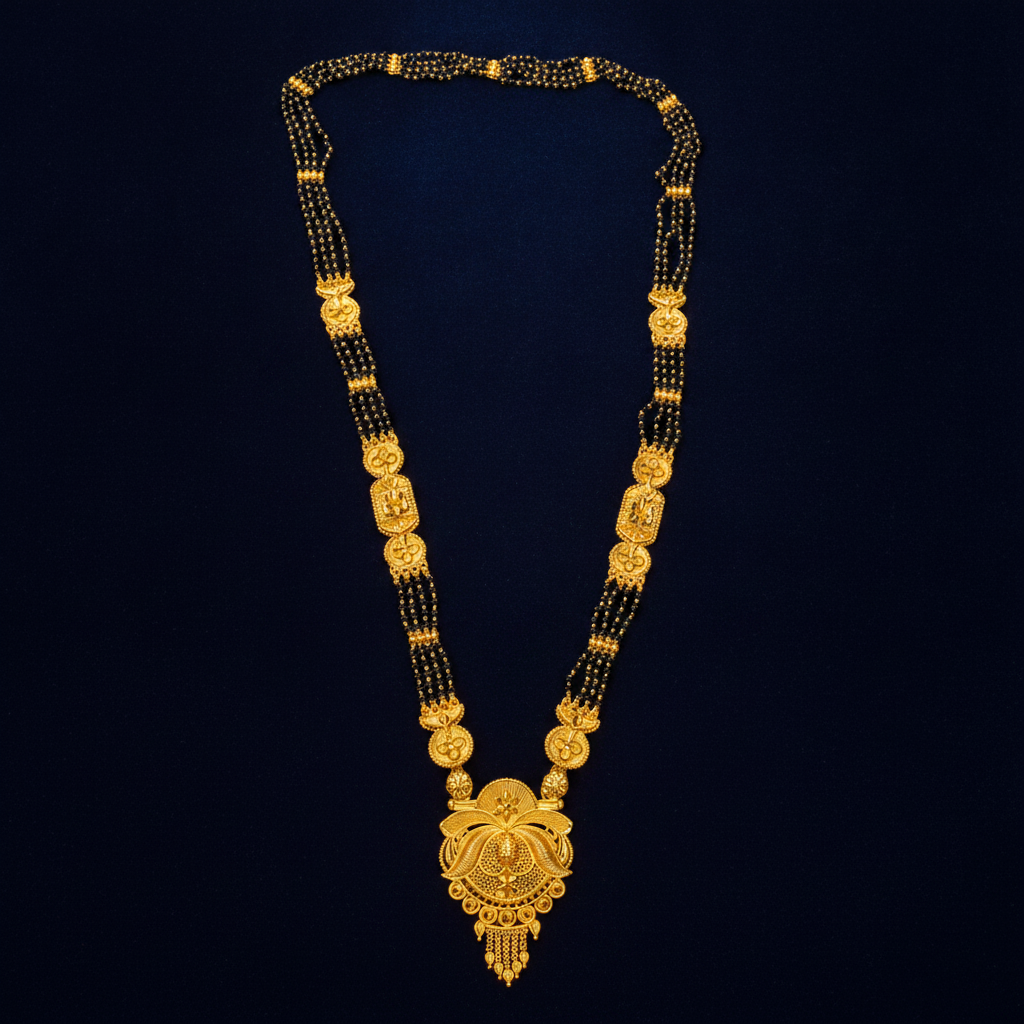 Traditional Black Bead Mangalsutra with Floral Temple Pendant