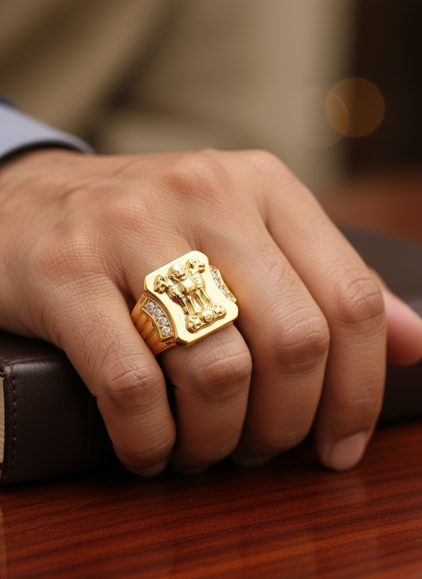 Elura Royal Ashoka Lion Emblem Gold Signet Ring for Men