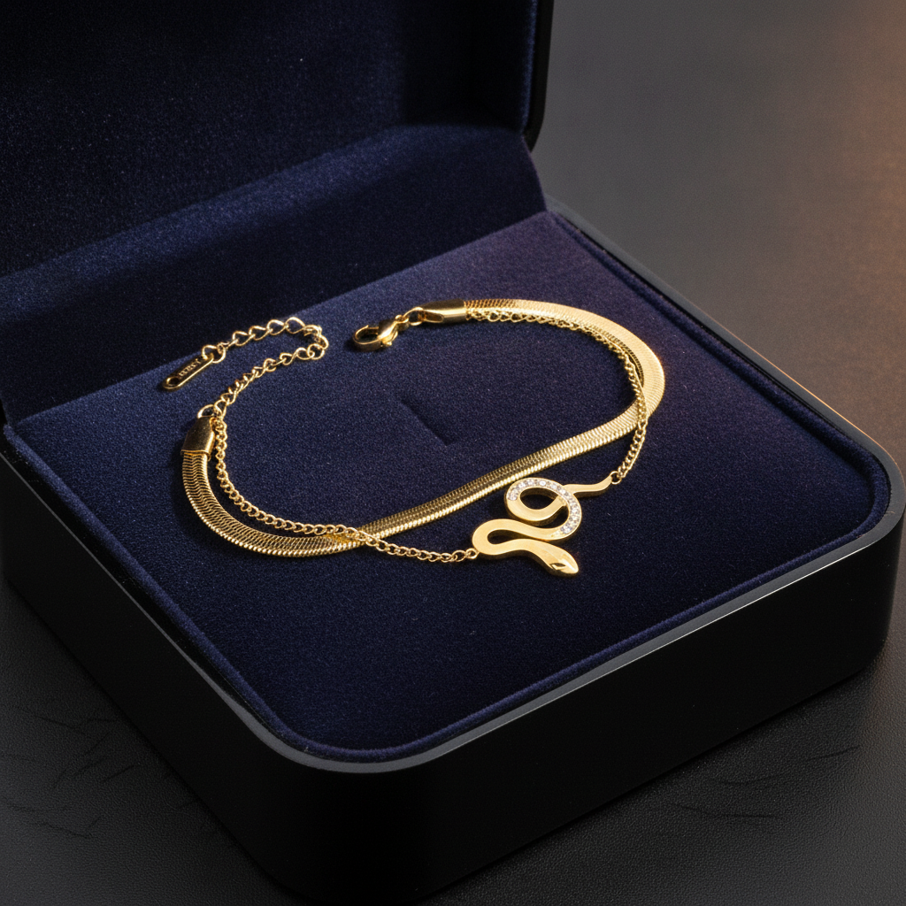 ELURA Snake Charm Double Layer Gold-Plated Bracelet for Women