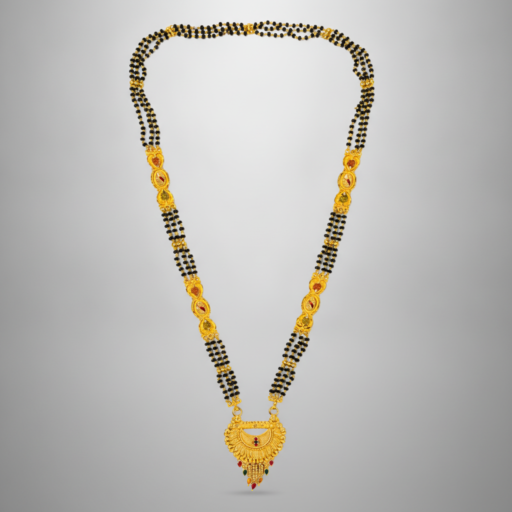 Traditional Mangalsutra Necklace with Red & Green Stone Pendant