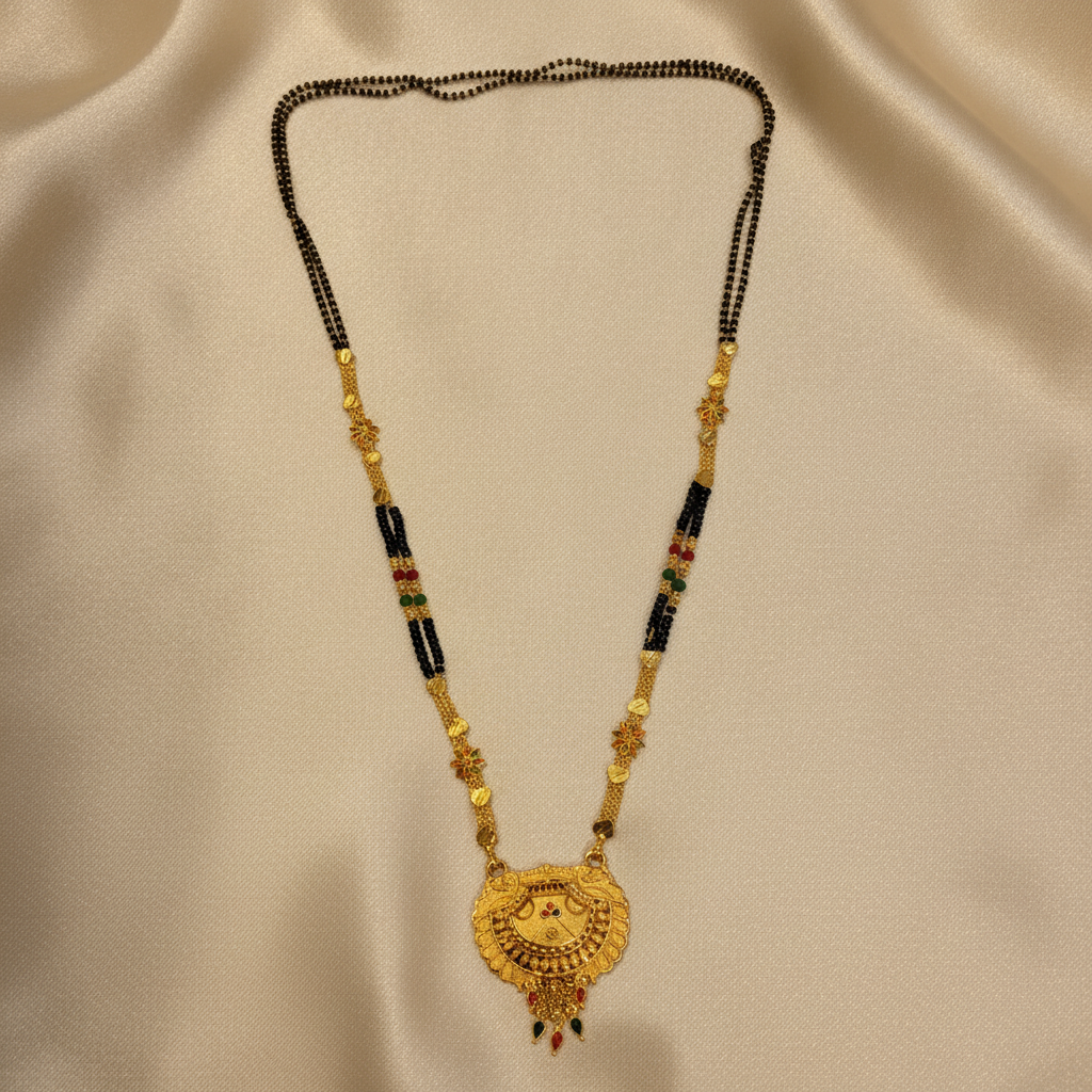 ELURA Royal Heritage Black Bead Mangalsutra with Antique Peacock Pendant