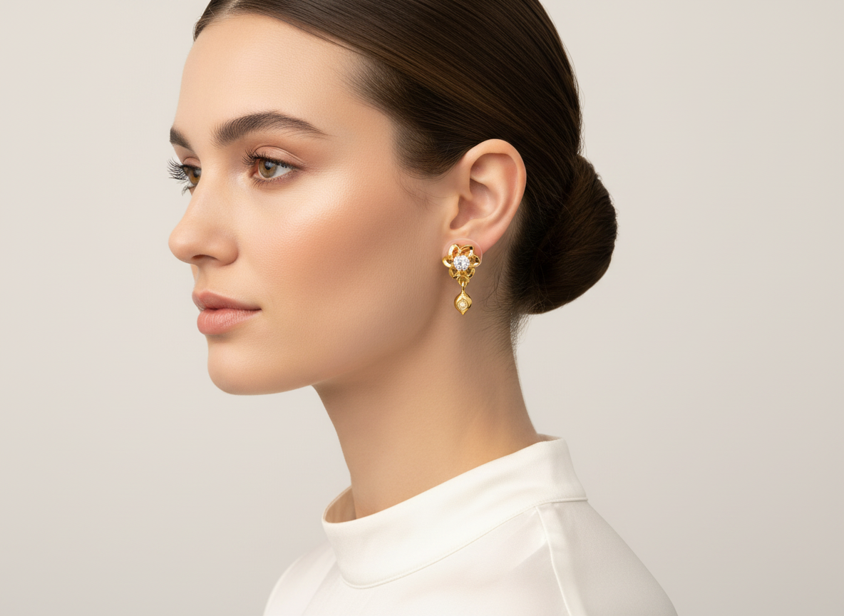 Elura Floral Crystal Drop Gold-Toned Stud Earrings for Women