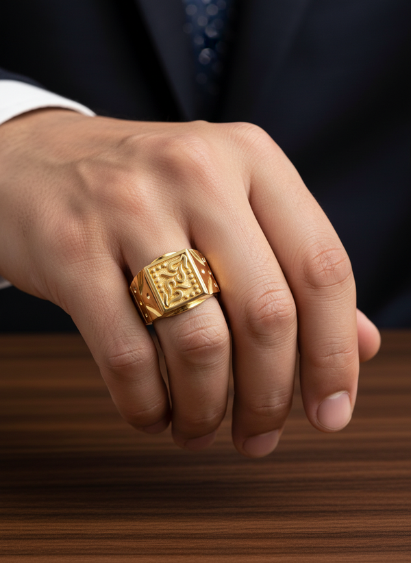 Elura Royal Engraved Square Signet Gold Ring for Men