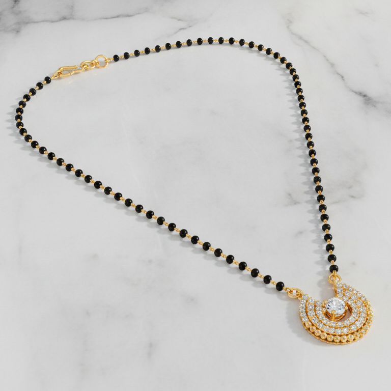 ELURA Designer Black Bead Mangalsutra with Cubic Zirconia Pendant